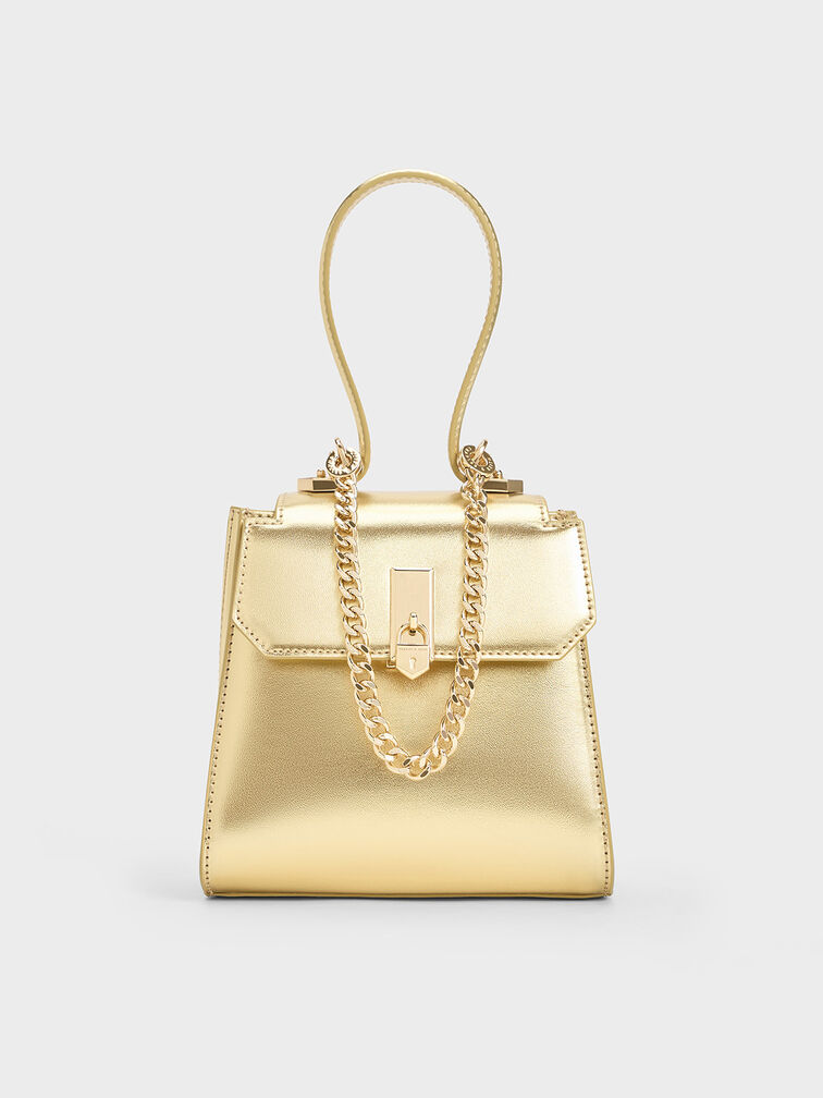 Trapeze Crystal-Embellished Top Handle Bag, Gold, hi-res