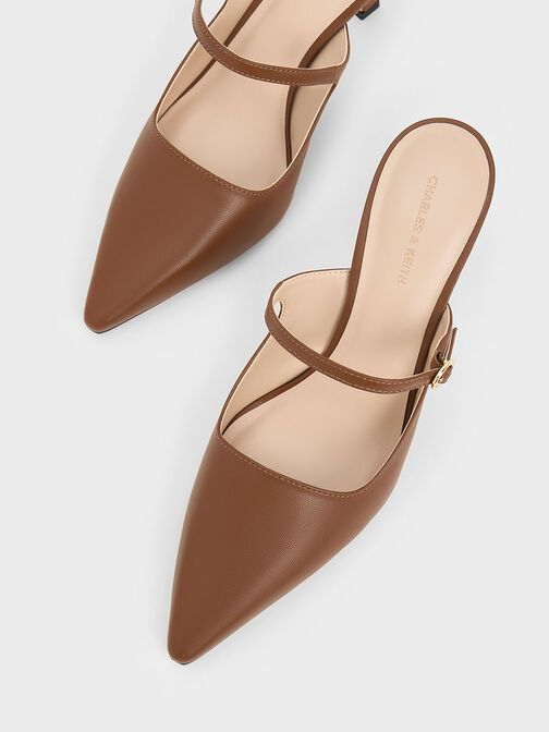 Buckle-Strap Heeled Mules, Cognac, hi-res
