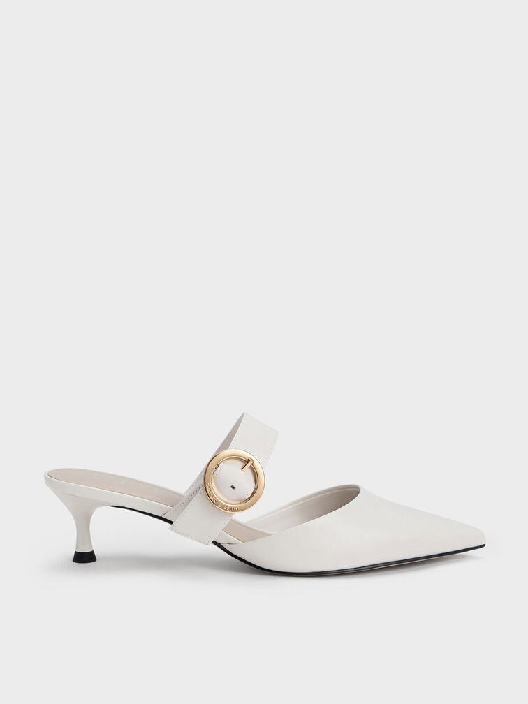 Buckled Strap Spool Heel Mules, White, hi-res