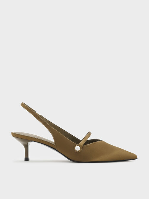 Helena Satin Pearl-Buckle Slingback Kitten Heels, Olive, hi-res