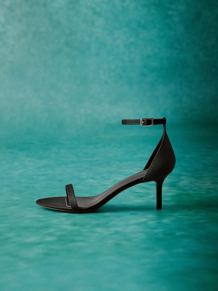 Grosgrain Stiletto-Heel Ankle-Strap Sandals, Black Textured, hi-res