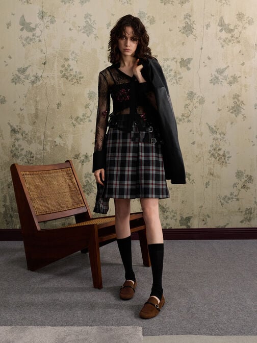 Faux Suede Buckle-Strap Loafers, Brown, hi-res