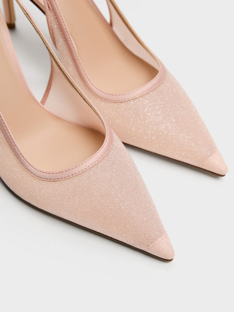 Glittered Mesh Pointed Slingback Pumps, Pink, hi-res