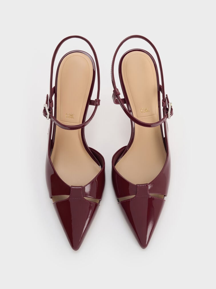 حذاء بكعب بليد من الجلد اللامع مع مقدمة مدببة وبفتحات, برغندي, hi-res