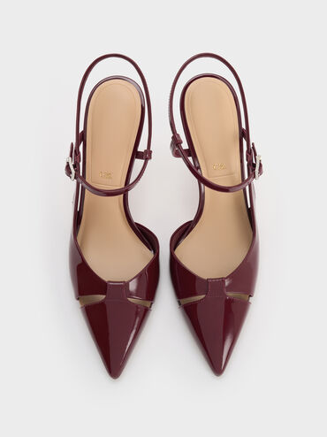 حذاء بكعب بليد من الجلد اللامع مع مقدمة مدببة وبفتحات, برغندي, hi-res