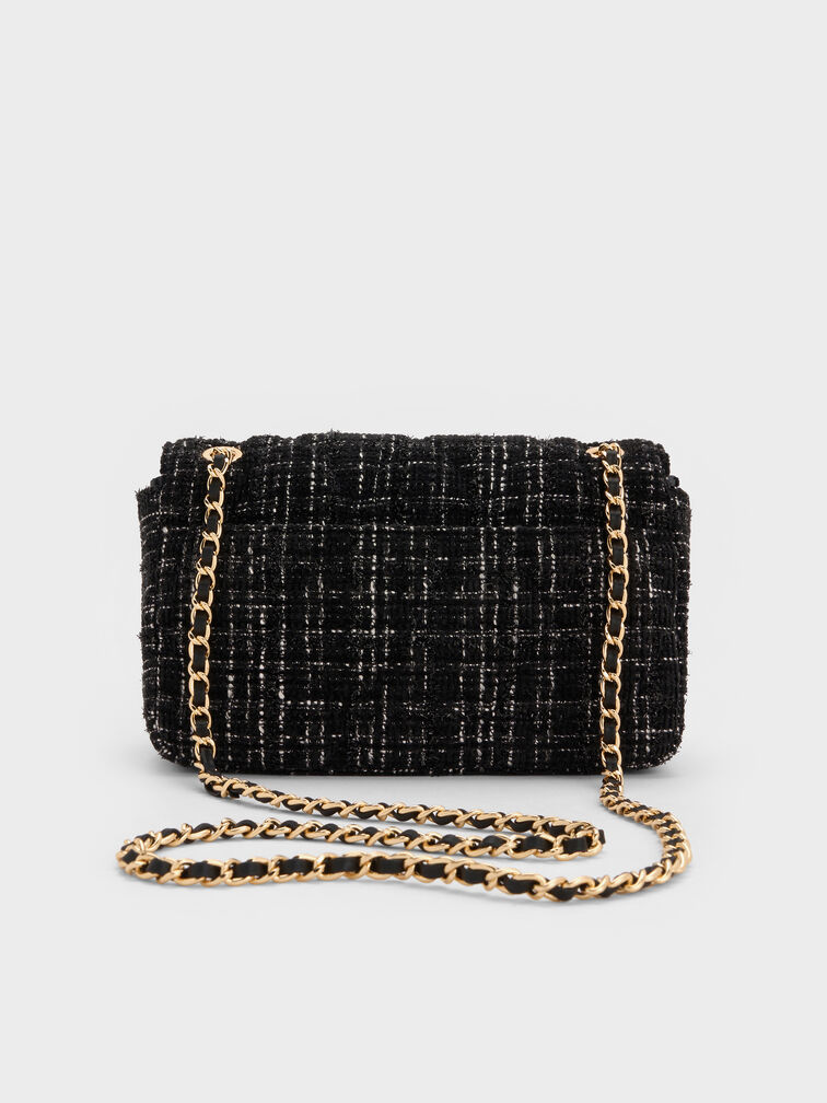 Arwen Tweed Diamond-Quilt Braided-Strap Shoulder Bag, Black Tweed, hi-res