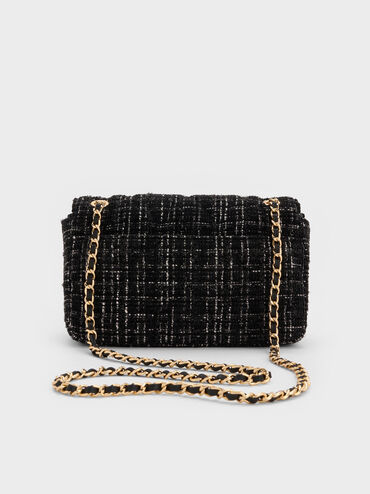 Arwen Tweed Diamond-Quilt Braided-Strap Shoulder Bag, Black Tweed, hi-res