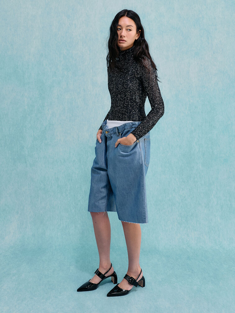 Patent Buckled Pointed Slingback Pumps, Black Patent, hi-res