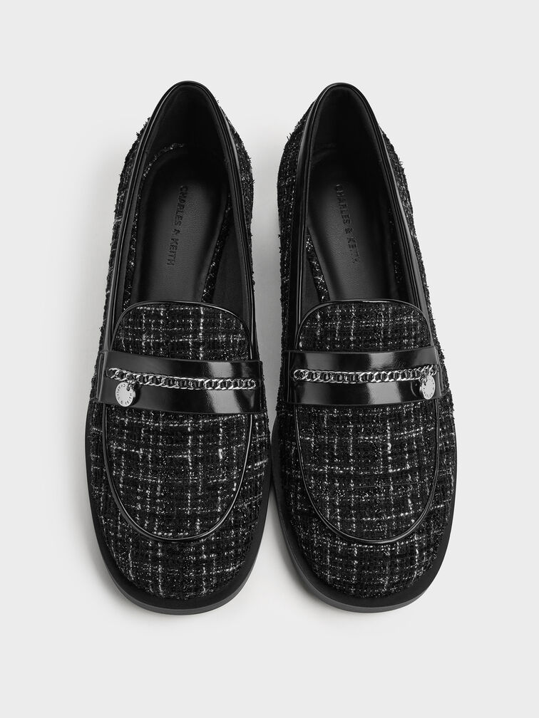 Tweed Braided-Chain Metallic-Accent Loafers, Black Textured, hi-res