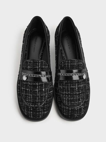 Tweed Braided-Chain Metallic-Accent Loafers, Black Textured, hi-res