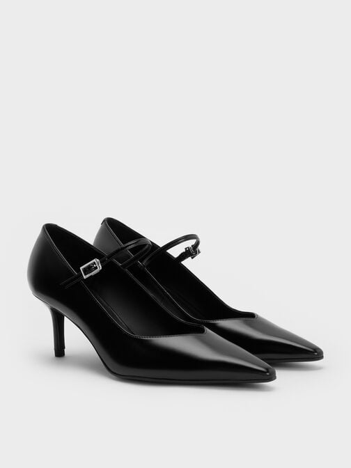 حذاء كعب ماري جين بكعب رفيع ومقدمة مدببة, أسود, hi-res