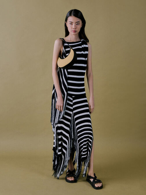 حقيبة هوبو بتصميم هلالي من الجلد والرافيا, بيج رافيا أنيق, hi-res