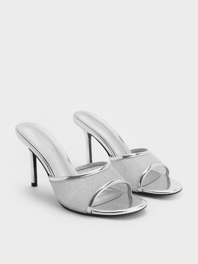 Mesh Metallic Stiletto-Heel Mules, Silver, hi-res