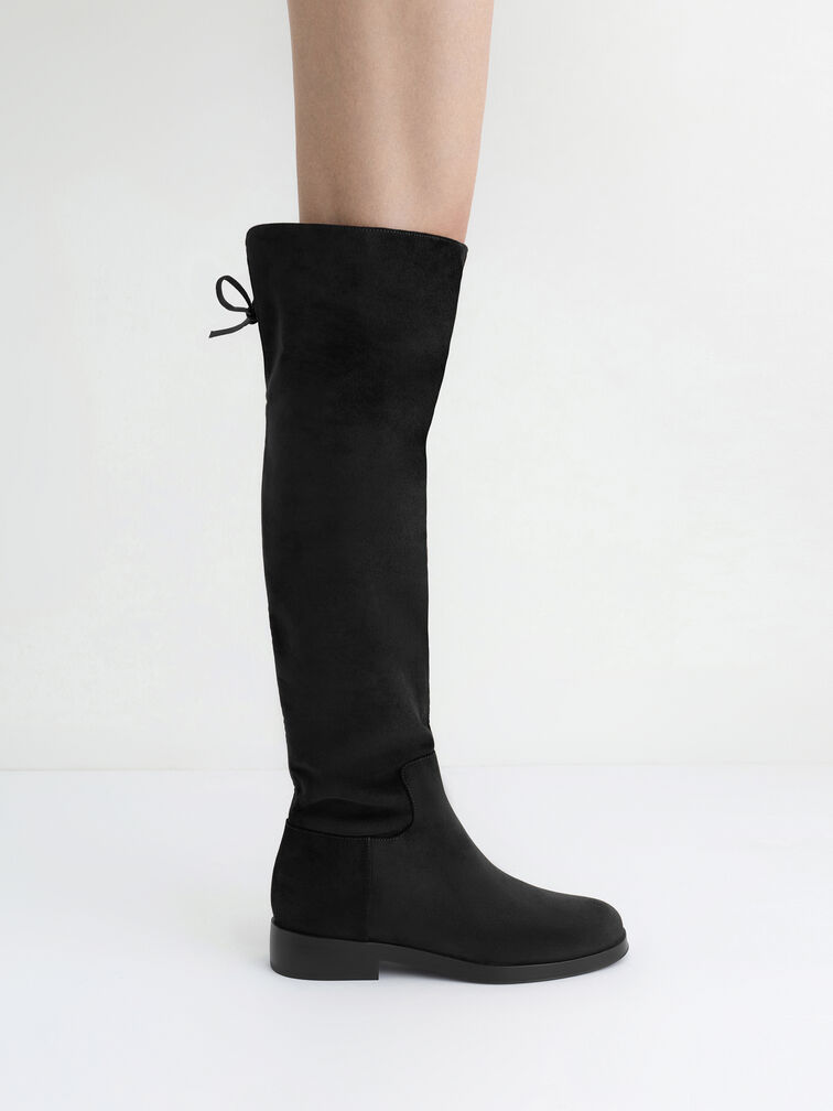 Faux Suede Fold-Over Thigh-High Boots, Black Textured, hi-res