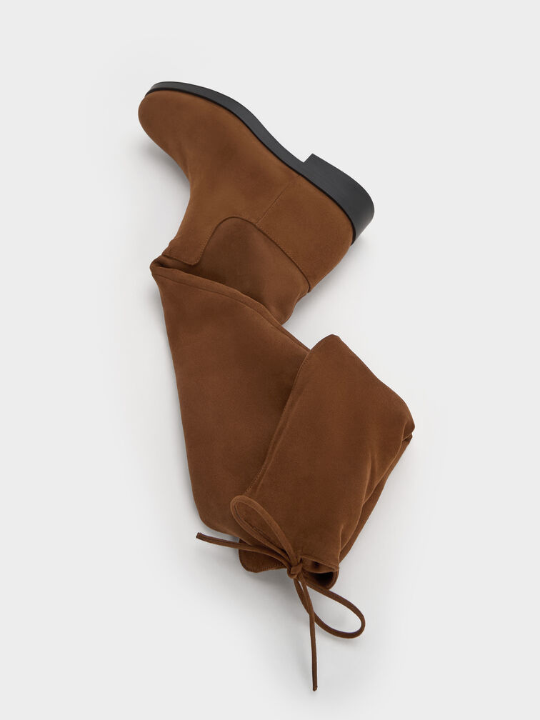Faux Suede Fold-Over Thigh-High Boots, Brown, hi-res