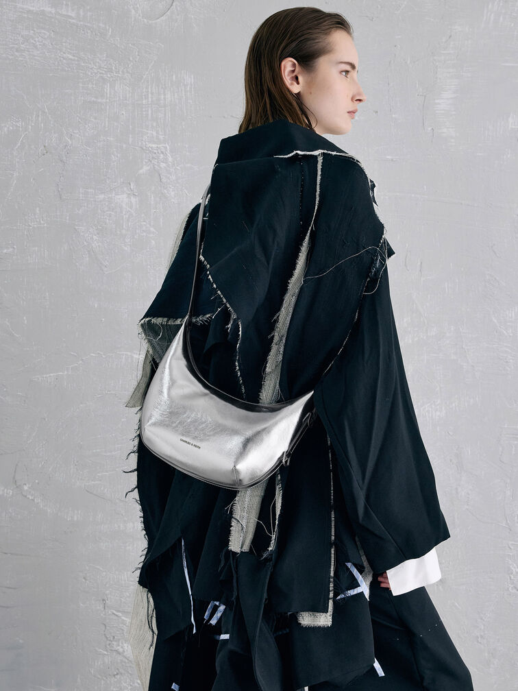 Bryna Metallic Curved Hobo Bag, Silver, hi-res