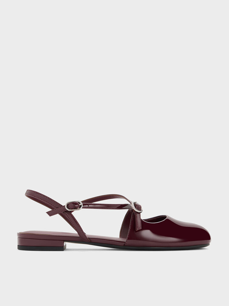 Patent Crossover Buckled Slingback Flats, Burgundy, hi-res