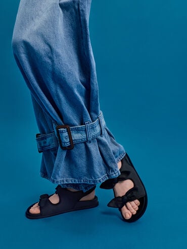 Silk Knot-Bow Double-Strap Slingback Sandals, Black Textured, hi-res