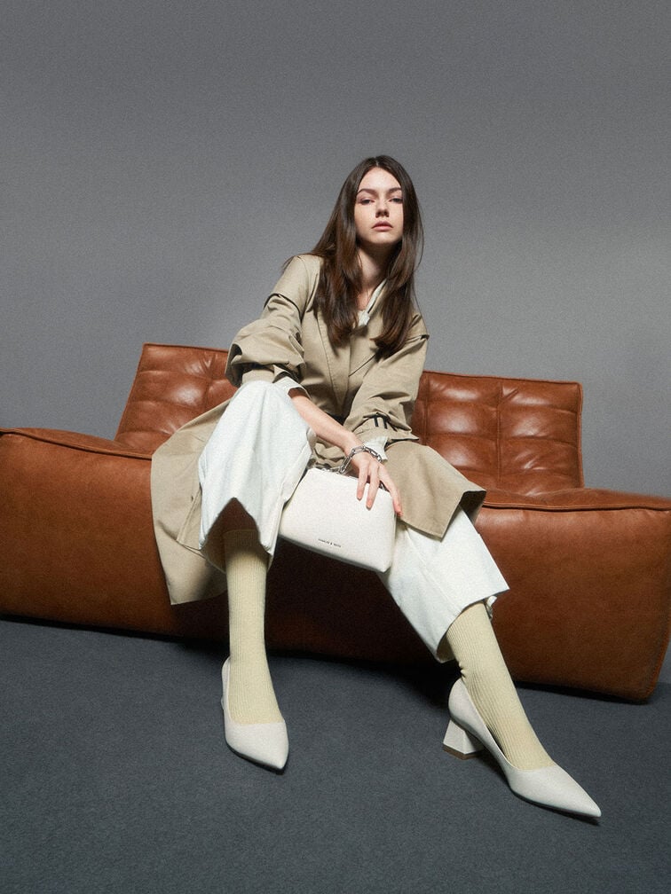 Trapeze Heel Court Shoes, Chalk, hi-res