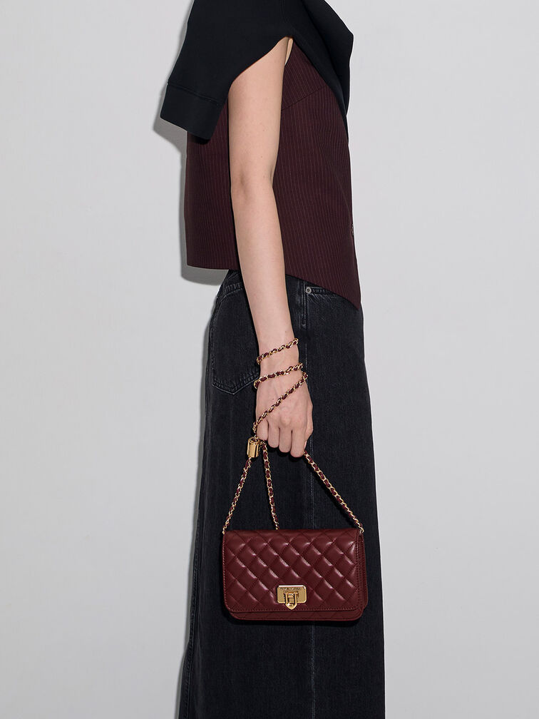 Cressida Quilted Push-Lock Clutch, Burgundy, hi-res