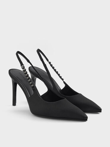 حذاء فلوريس مفتوح من الخلف مزين بحزام مرصّع بالأحجار من بوليستر معاد تدويره, أسود, hi-res