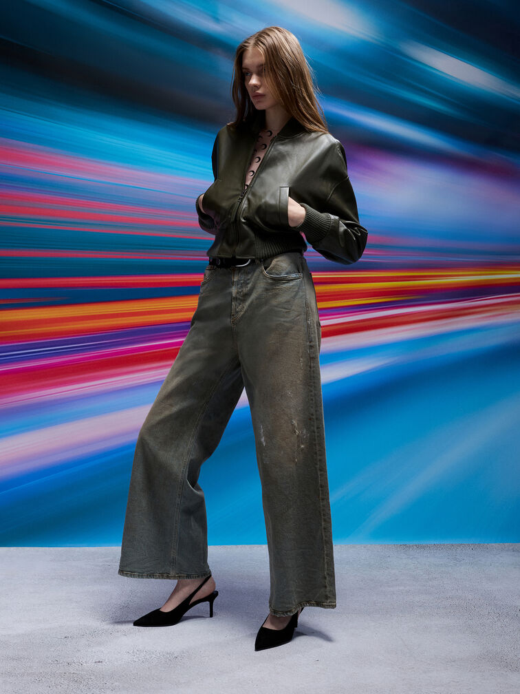 كعب شامواه صناعي بحزام خلفي ومقدمة مدببة, أسود خشن, hi-res