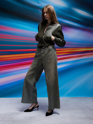 كعب شامواه صناعي بحزام خلفي ومقدمة مدببة, أسود خشن, hi-res