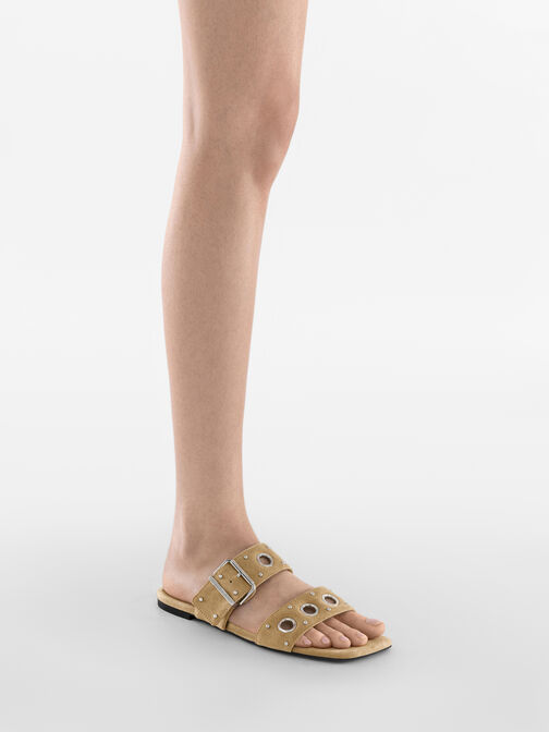 Faux Suede Grommet Buckled Slides, Sand, hi-res