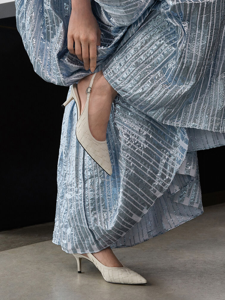 Ivette Woven Pointed-Toe Slingback Pumps, Chalk, hi-res