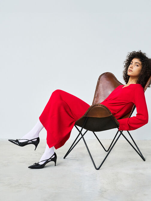 حذاء بكعب قصير مع فيونكة أمامية بلمعة, أسود براق, hi-res