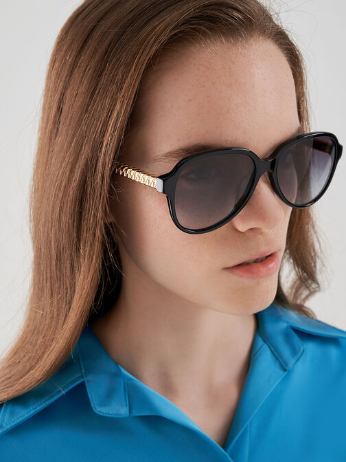 نظارة شمسية أفياتور أسيتات مُعاد تدويره بذراع معدني مجدول, أسود, hi-res