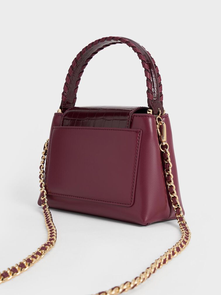 حقيبة أروين بمقبض علوي وحزام مضفر ونقشة جلد التمساح, برغندي, hi-res