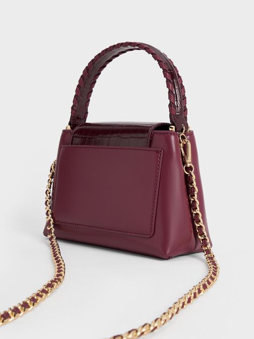 حقيبة أروين بمقبض علوي وحزام مضفر ونقشة جلد التمساح, برغندي, hi-res