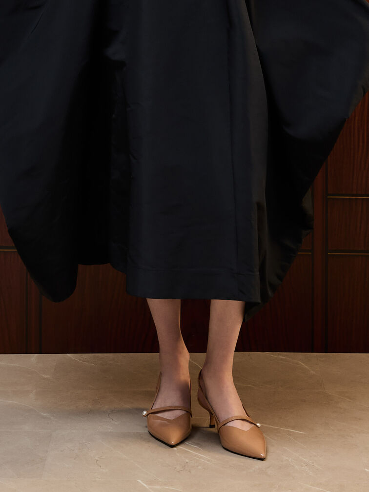 Helena Patent Pearl-Buckle Slingback Kitten Heels, Caramel, hi-res