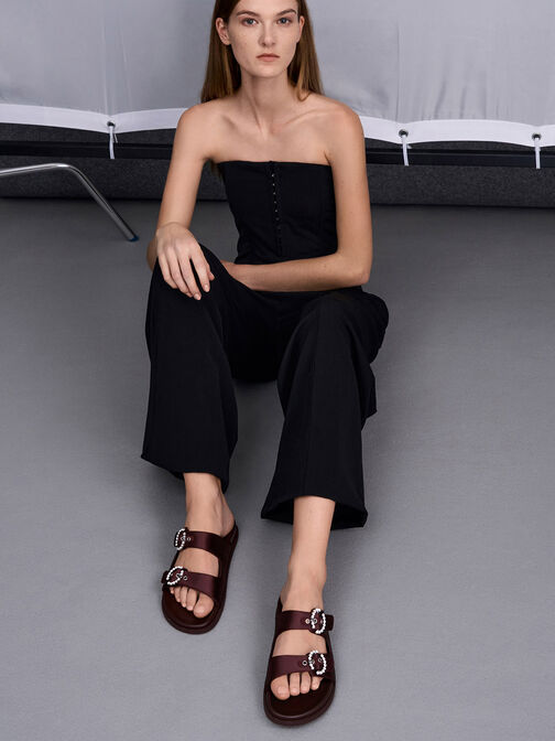 Recycled Polyester Embellished Buckle Sandals, Burgundy, hi-res