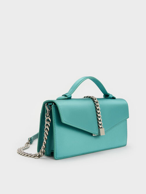Taisia Satin Chain-Strap Envelope Bag, Teal, hi-res