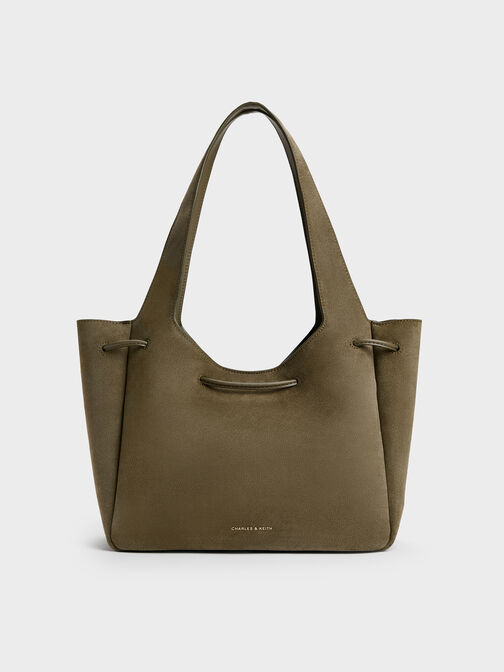 Mila Recycled Suede Metallic-Knot Drawstring Tote Bag, Deep Olive, hi-res