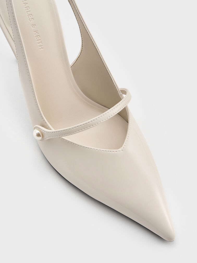 Helena Pearl-Buckle Pointed-Toe Slingback Pumps, Chalk, hi-res