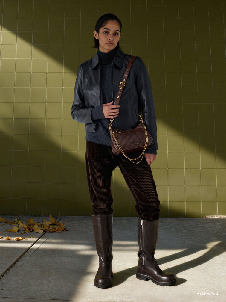 حقيبة كروس فيلومينا بلمسة مجعدة مزينة بسلسلة معدنية, بني مطفي, hi-res