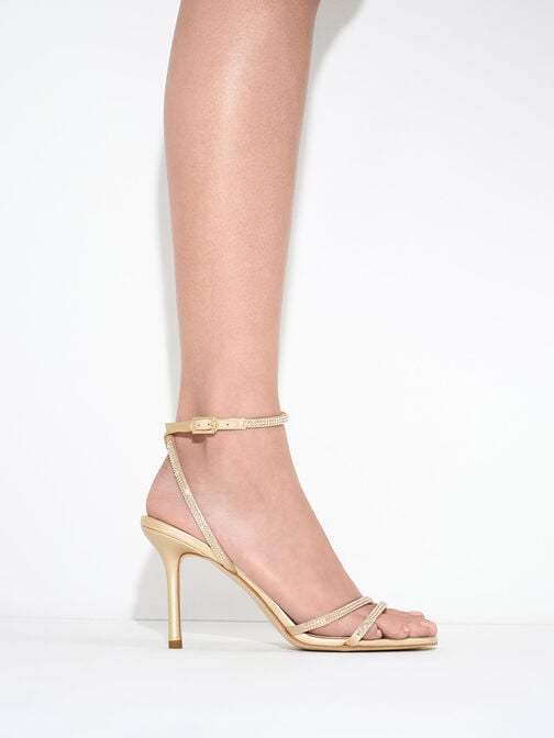 Satin Crystal-Embellished Stiletto-Heel Sandals, Gold, hi-res
