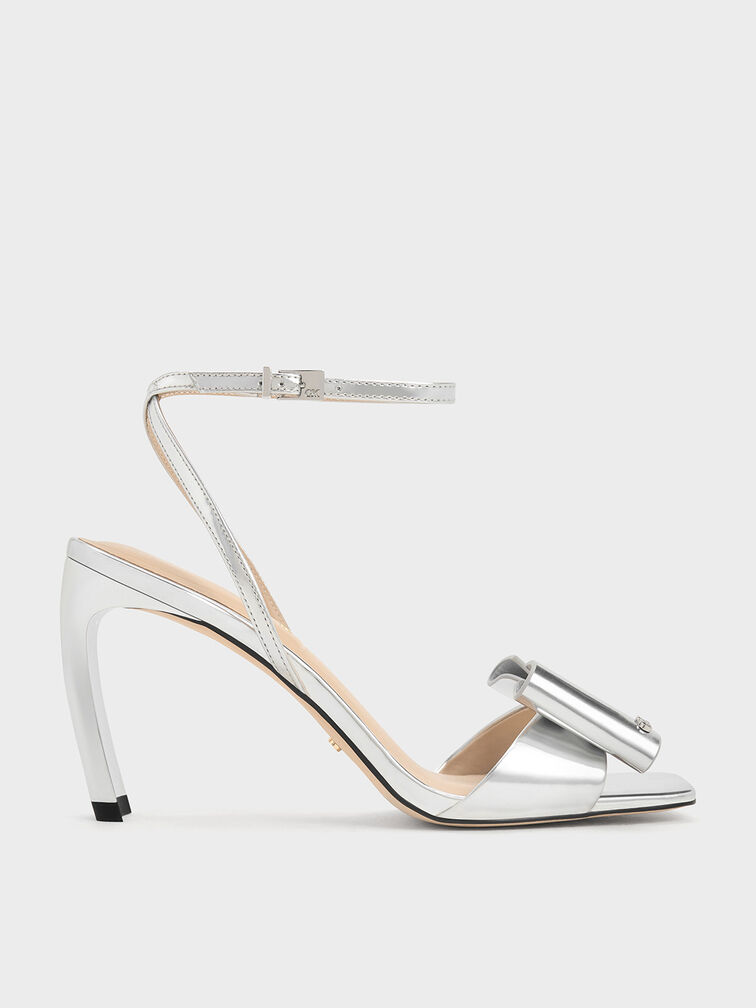 Lu Metallic Leather Bow Heeled Sandals, Silver, hi-res
