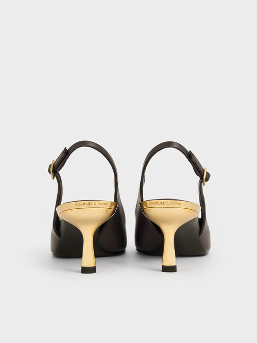 حذاء مفتوح من الخلف بكعب القطة الكلاسيكي ولمعة معدنية, بني داكن, hi-res