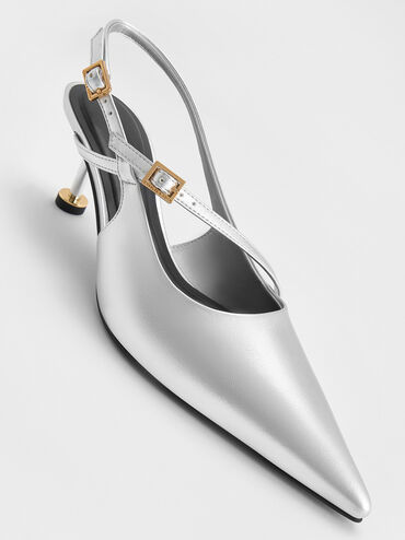 Wynn Metallic Buckled Sculptural-Heel Slingback Pumps, Silver, hi-res