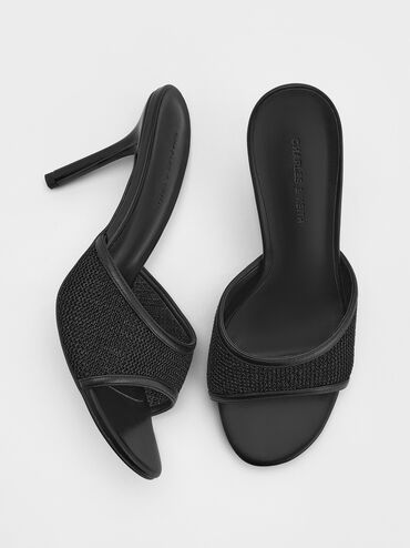Mesh Stiletto-Heel Mules, Black Textured, hi-res
