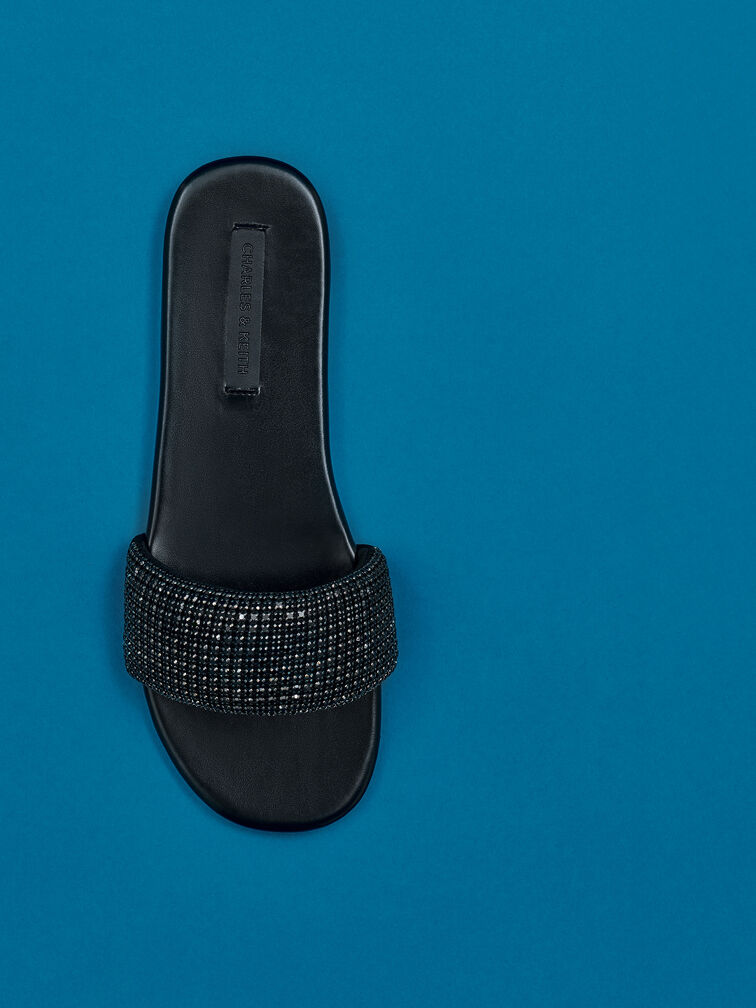 Faux Suede Crystal-Embellished Slide Sandals, Black Textured, hi-res