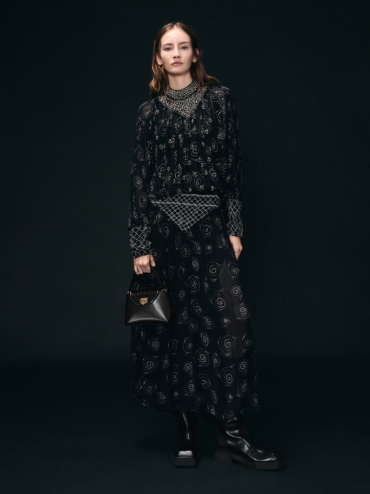 Arwen Croc-Effect Top Handle Bag, Black, hi-res