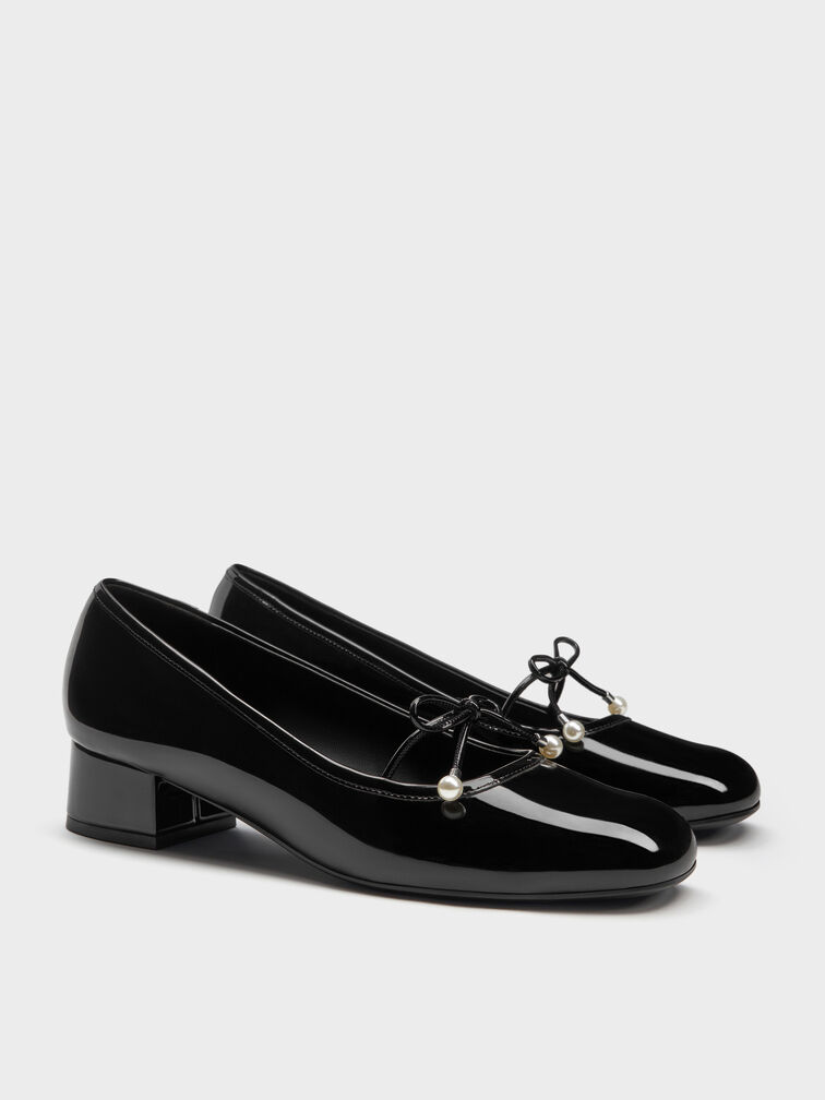 Barbara Patent Pearl-Bow Ballet Pumps, Black Patent, hi-res