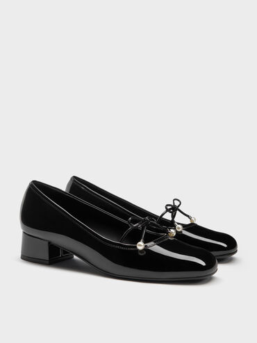 Barbara Patent Pearl-Bow Ballet Pumps, Black Patent, hi-res