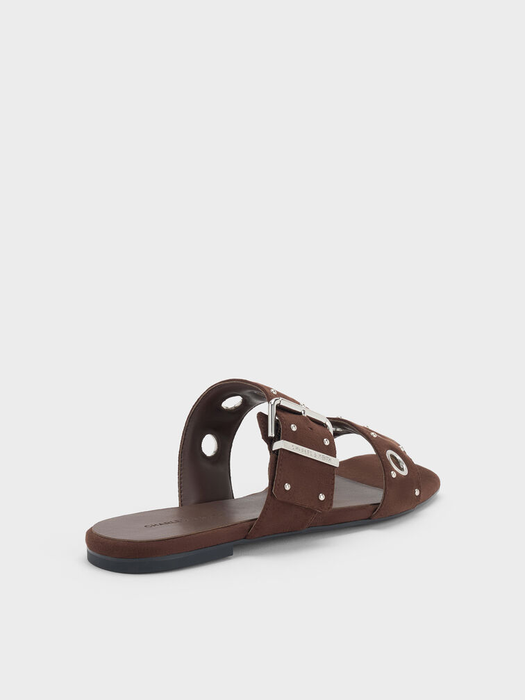 Faux Suede Grommet Buckled Slides, Dark Brown Textured, hi-res