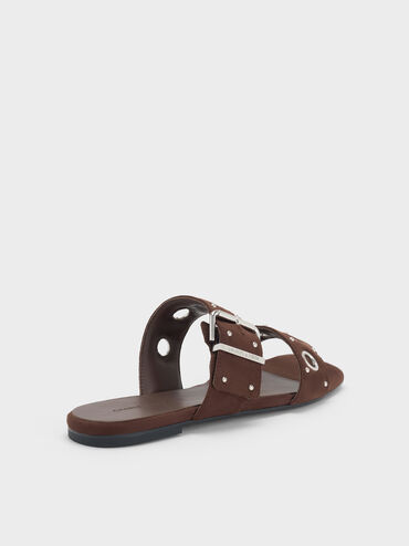 Faux Suede Grommet Buckled Slides, Dark Brown Textured, hi-res